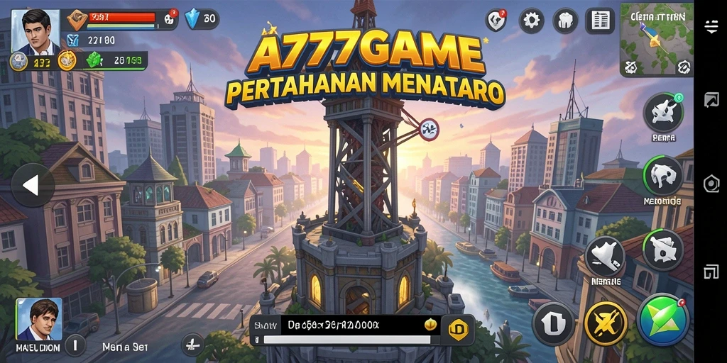 Screenshot utama A777GAME menampilkan serangan menara yang strategis.