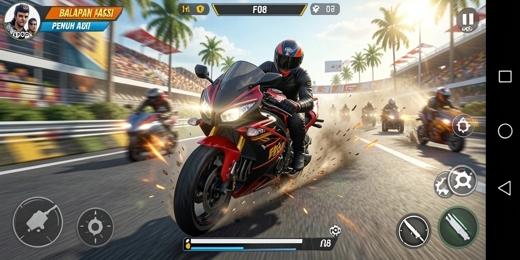 Screenshot menampilkan aksi balapan motor yang mendebarkan.