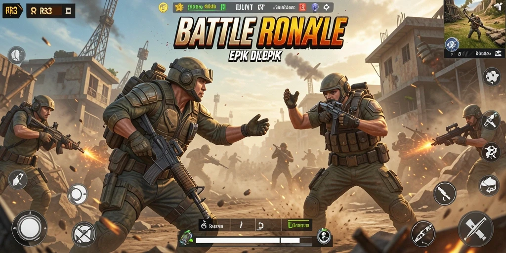 Tangkapan layar utama RR33 menampilkan aksi pertempuran intens di medan perang Battle Royale.