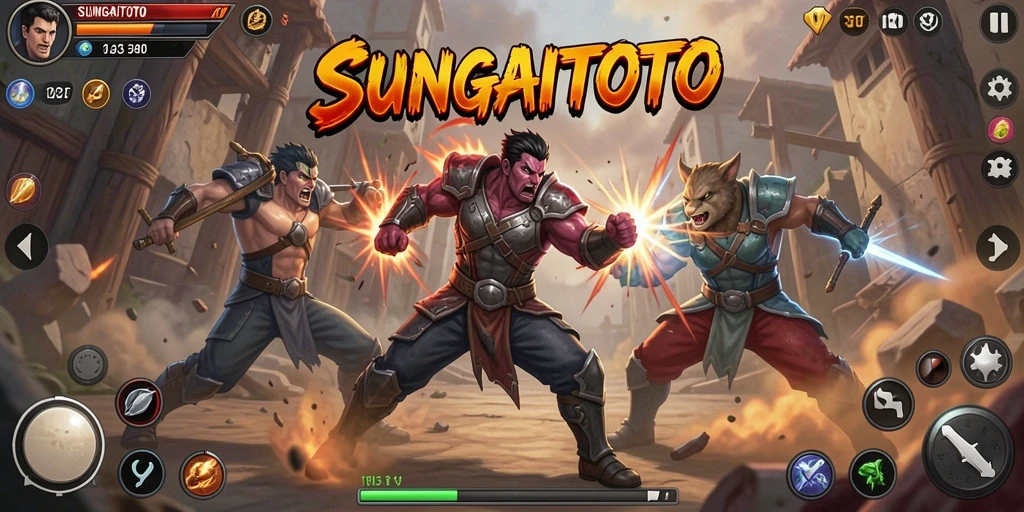 Tampilan aksi pertarungan seru di SUNGAITOTO dengan karakter-karakter unik.